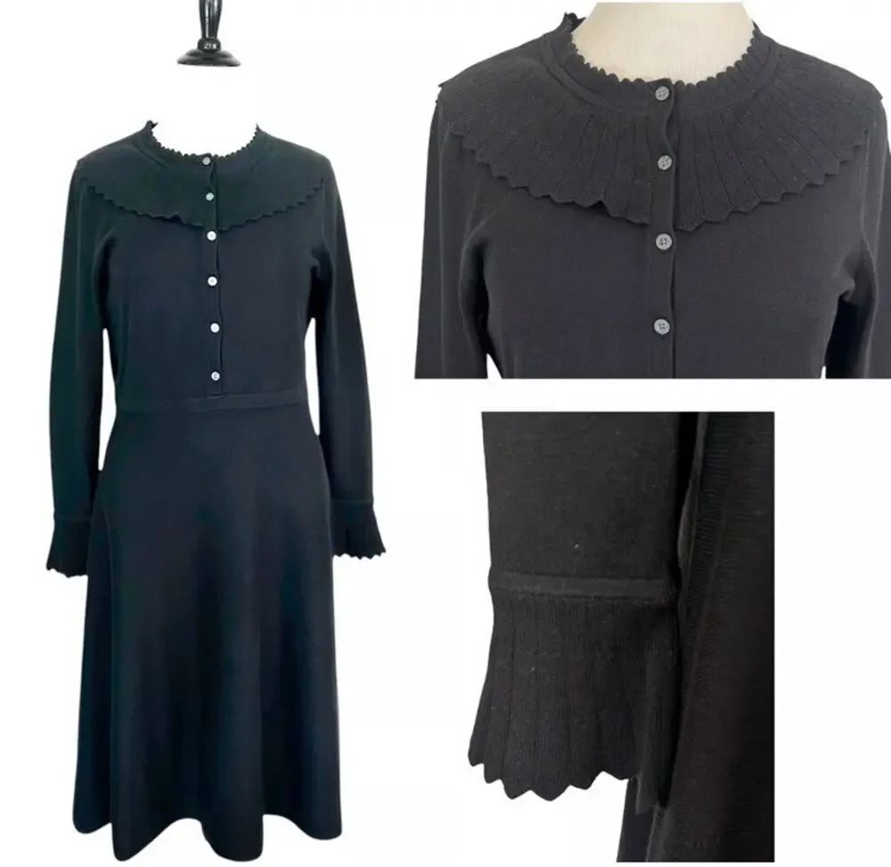 Boden Black Knit Sweater Dress Scalloped Collar Wool Blend US 4